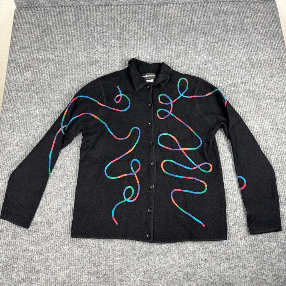 Vtg 90s Sag Harbor Boiled Wool Jacket Womens XLP Black Rainbow Abstract Shacket
